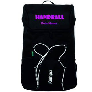 Kempa Rucksack Pro schwarz mit Ballnetz und Aufdruck Name in Glitzer NeonPink