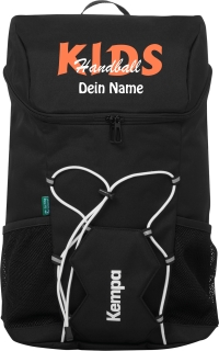 Kempa Rucksack Pro KIDS schwarz/orange mit Ballnetz Aufdruck Name